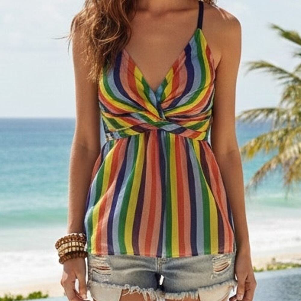 Tibi Rainbow Stripe Silk Gauzy Chiffon Swing Tank  Top  4